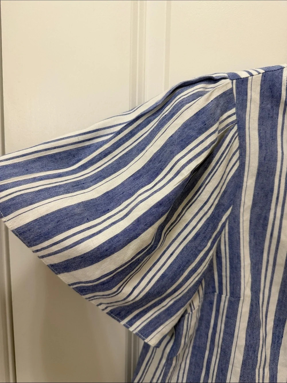 CAbi Blue and White Vertical Stripe Puff Sleeve Top - Picture 3 of 5
